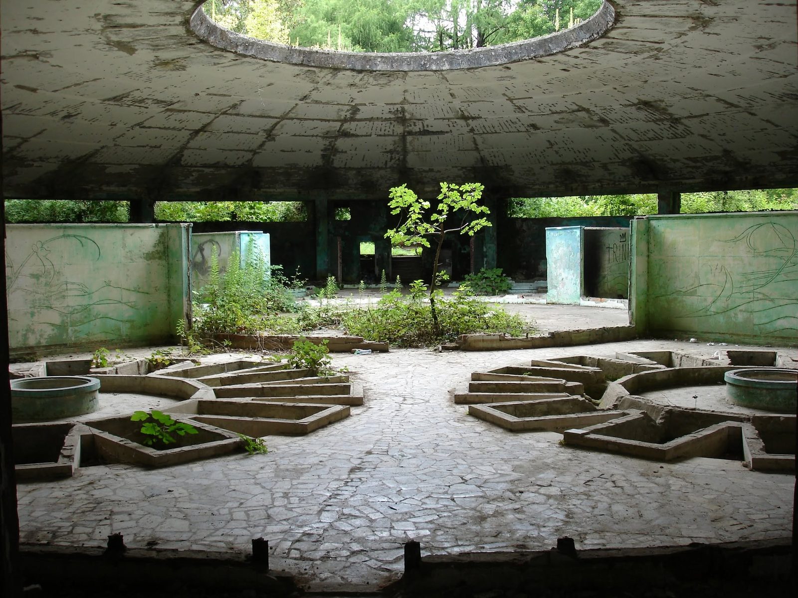 Ein runder Saal mit Wasserbecken und einem kleinen Baum in der Mitte.